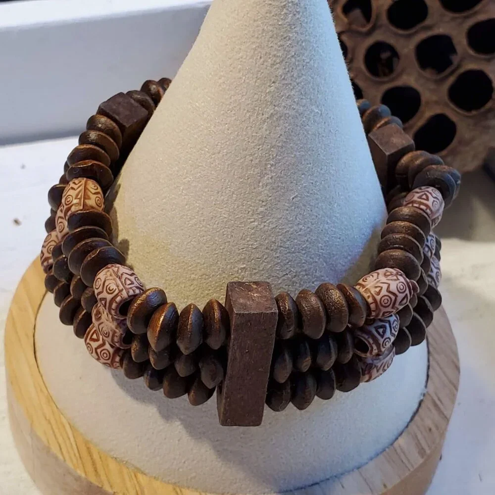 90s Y2K Vintage Boho Brown Tan Wood Acrylic Saucer Beads Stretch Bracelet